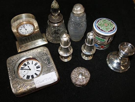 Small qty silver including goliath clock, etc